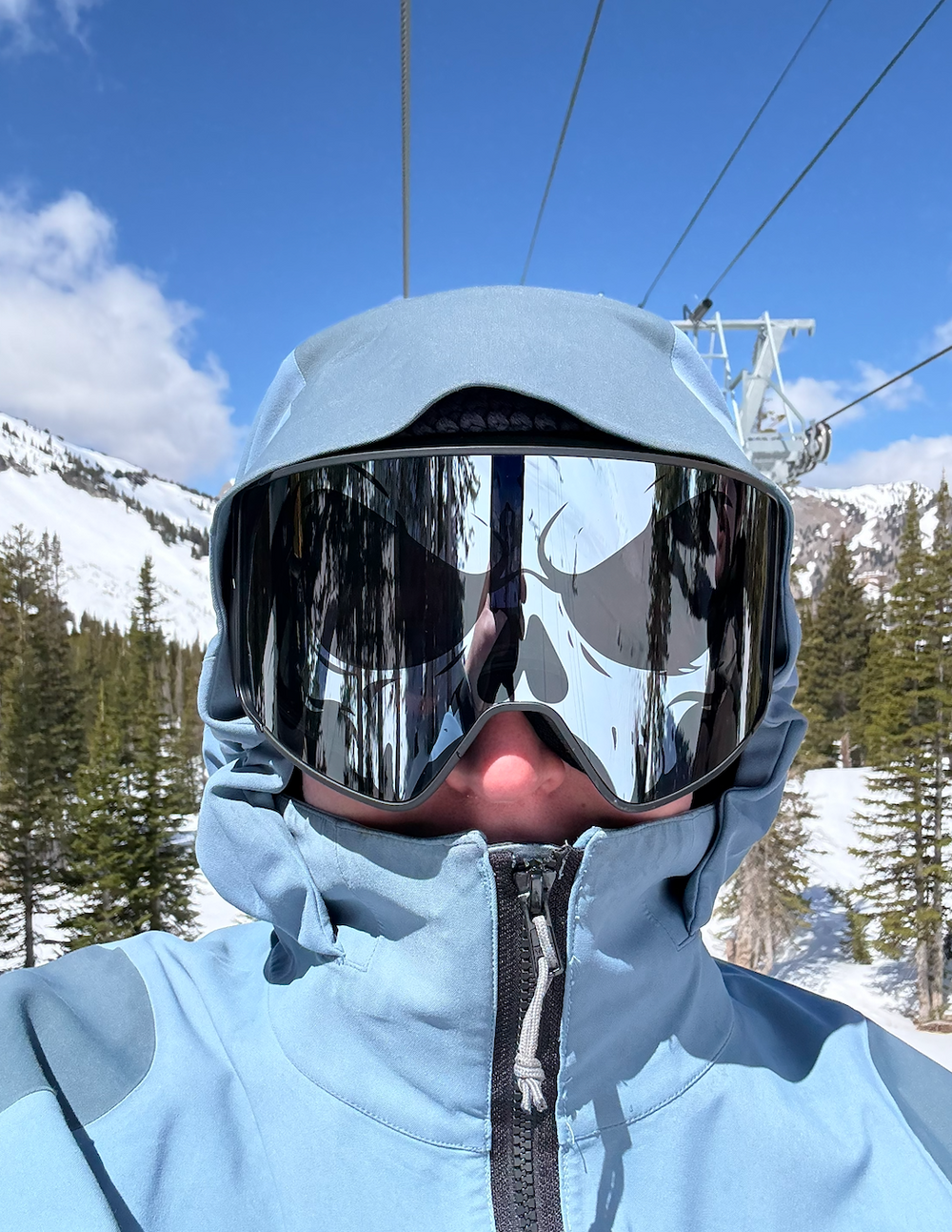 Shifties graphic ski goggles on the mountain