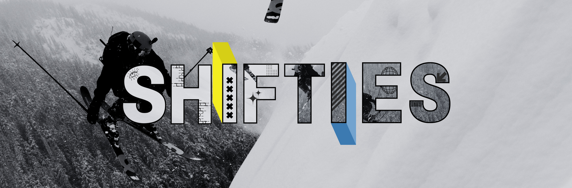 Skiier in action with 'Shifties' logo overlay